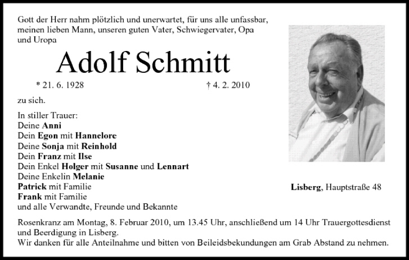  Traueranzeige für Adolf Schmitt vom 06.02.2010 aus MGO