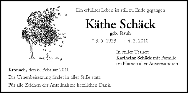  Traueranzeige für Käthe Schäck vom 06.02.2010 aus MGO