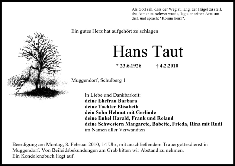  Traueranzeige für Hans Taut vom 06.02.2010 aus MGO