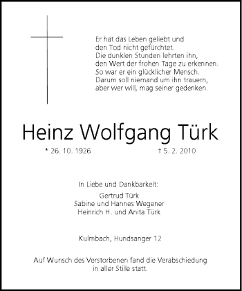 Anzeige von Heinz Wolfgang Türk von MGO