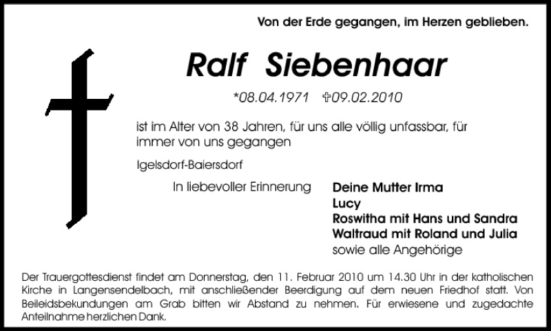  Traueranzeige für Ralf Siebenhaar vom 10.02.2010 aus MGO
