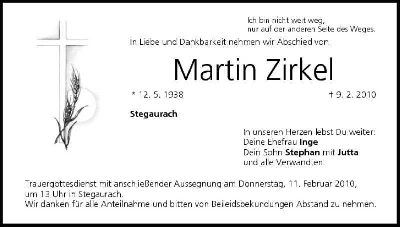 Traueranzeige für Martin Zirkel vom 10.02.2010 aus MGO