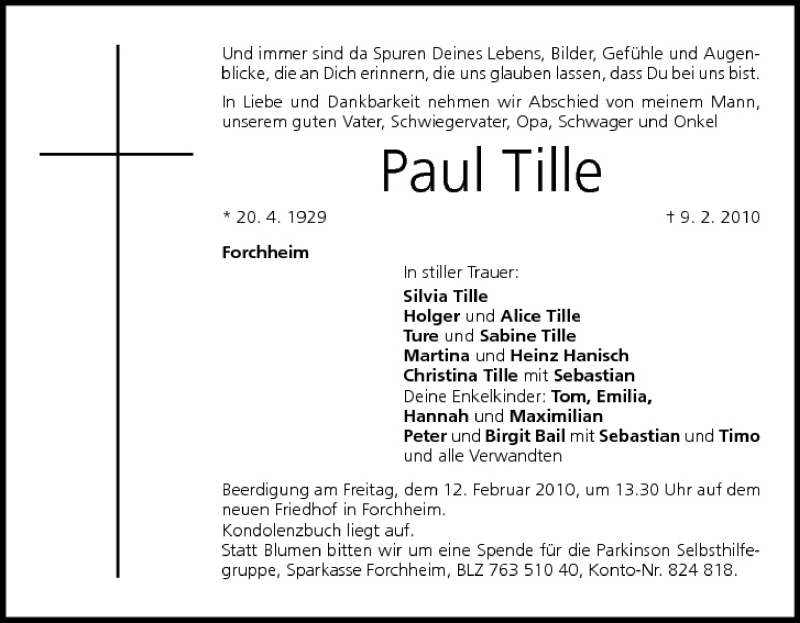  Traueranzeige für Paul Tille vom 11.02.2010 aus MGO