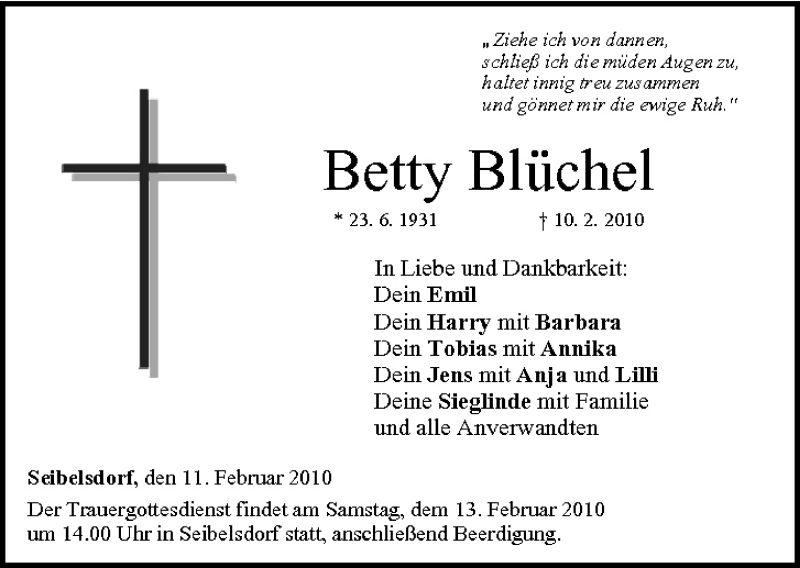  Traueranzeige für Betty Blüchel vom 11.02.2010 aus MGO