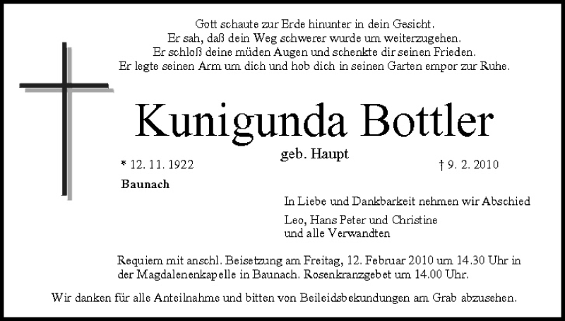  Traueranzeige für Kunigunda Bottler vom 11.02.2010 aus MGO