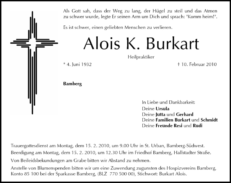  Traueranzeige für Alois Burkart vom 12.02.2010 aus MGO