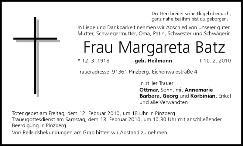  Traueranzeige für Margareta Batz vom 12.02.2010 aus MGO