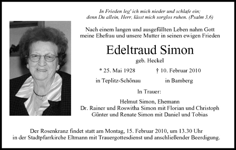  Traueranzeige für Edeltraud Simon vom 13.02.2010 aus MGO