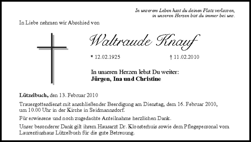  Traueranzeige für Waltraude Knauf vom 13.02.2010 aus MGO