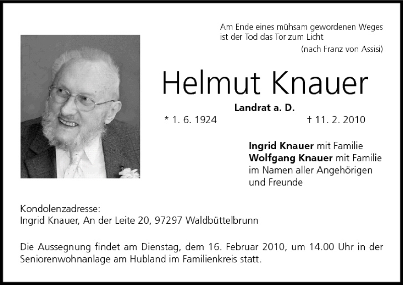  Traueranzeige für Helmut Knauer vom 13.02.2010 aus MGO