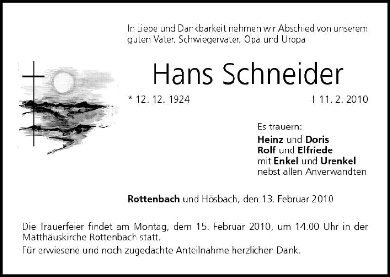  Traueranzeige für Hans Schneider vom 13.02.2010 aus MGO