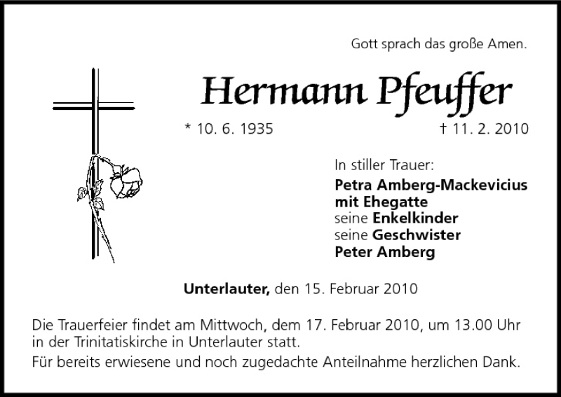  Traueranzeige für Hermann Pfeuffer vom 15.02.2010 aus MGO