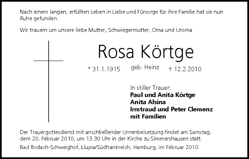  Traueranzeige für Rosa Körtge vom 16.02.2010 aus MGO