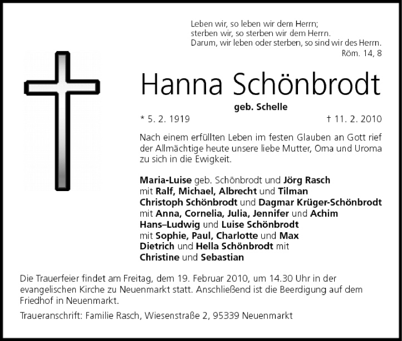  Traueranzeige für Hanna Schönbrodt vom 16.02.2010 aus MGO