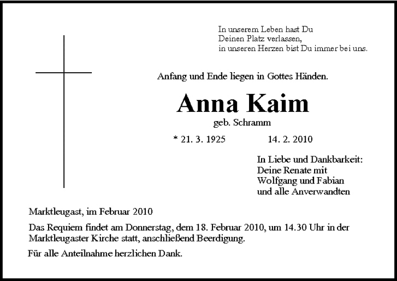  Traueranzeige für Anna Kaim vom 16.02.2010 aus MGO