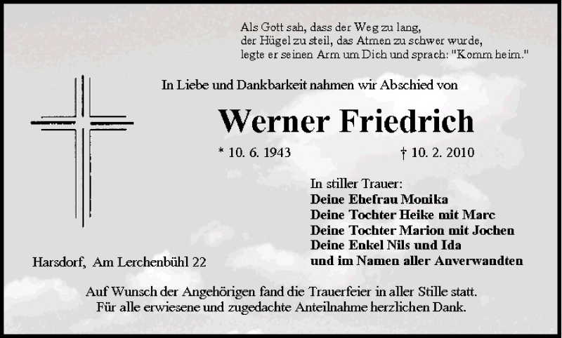  Traueranzeige für Werner Friedrich vom 16.02.2010 aus MGO
