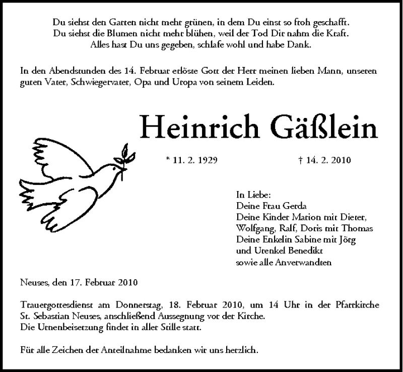  Traueranzeige für Heinrich Gäßlein vom 17.02.2010 aus MGO