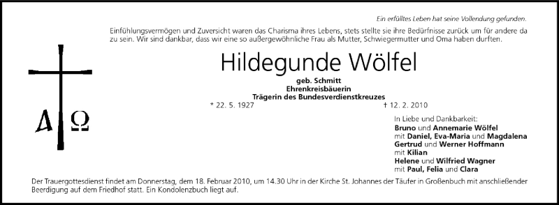  Traueranzeige für Hildegunde Wölfel vom 16.02.2010 aus MGO