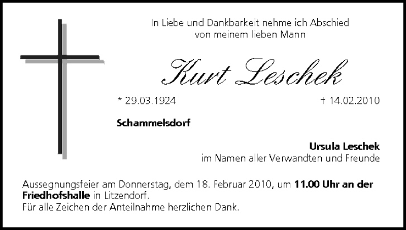  Traueranzeige für Kurt Leschek vom 16.02.2010 aus MGO
