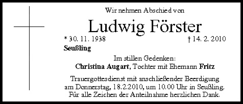  Traueranzeige für Ludwig Förster vom 16.02.2010 aus MGO