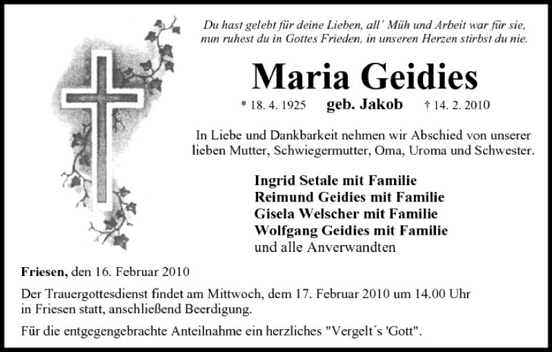  Traueranzeige für Maria Geidies vom 16.02.2010 aus MGO