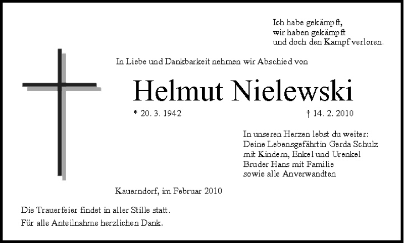  Traueranzeige für Helmut Nielewski vom 17.02.2010 aus MGO