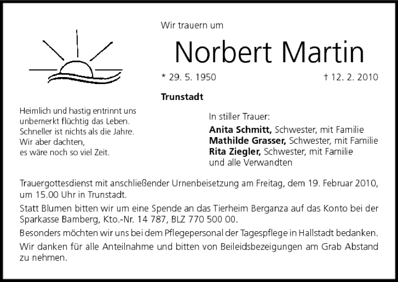  Traueranzeige für Norbert Martin vom 17.02.2010 aus MGO