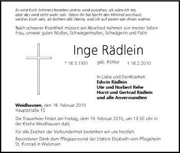 Anzeige von Inge Rädlein von MGO