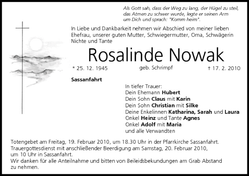 Traueranzeige für Rosalinde Nowak vom 18.02.2010 aus MGO