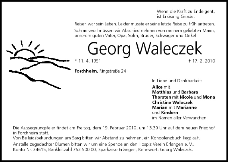  Traueranzeige für Georg Waleczek vom 18.02.2010 aus MGO