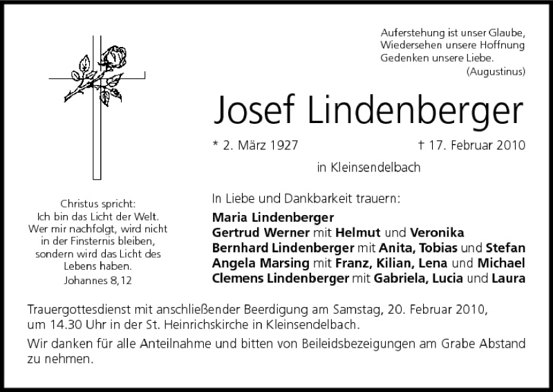 Traueranzeige für Josef Lindenberger vom 19.02.2010 aus MGO