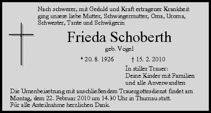  Traueranzeige für Frieda Schoberth vom 20.02.2010 aus MGO