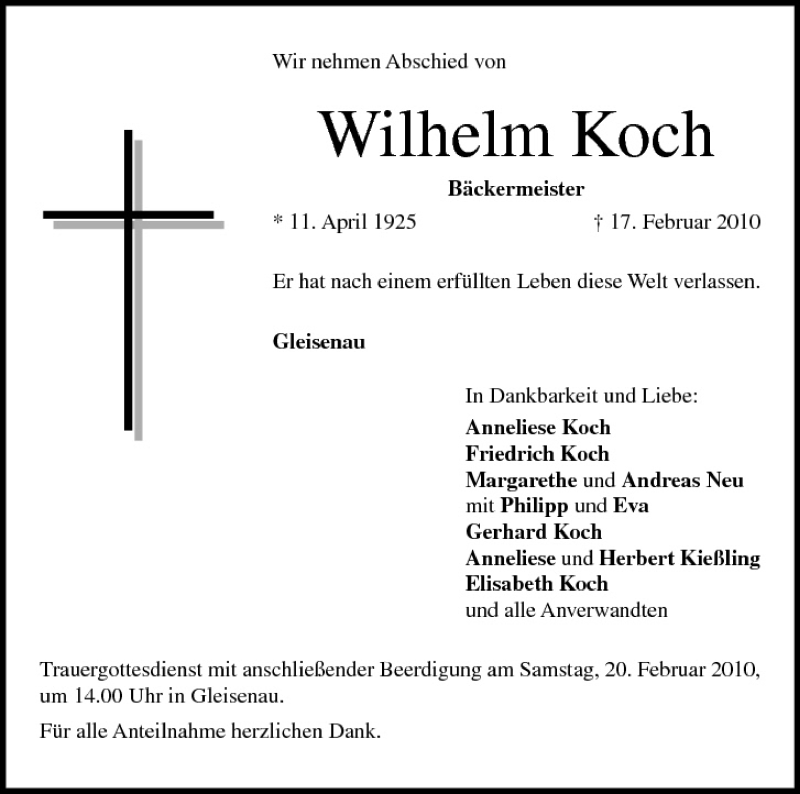  Traueranzeige für Wilhelm Koch vom 19.02.2010 aus MGO