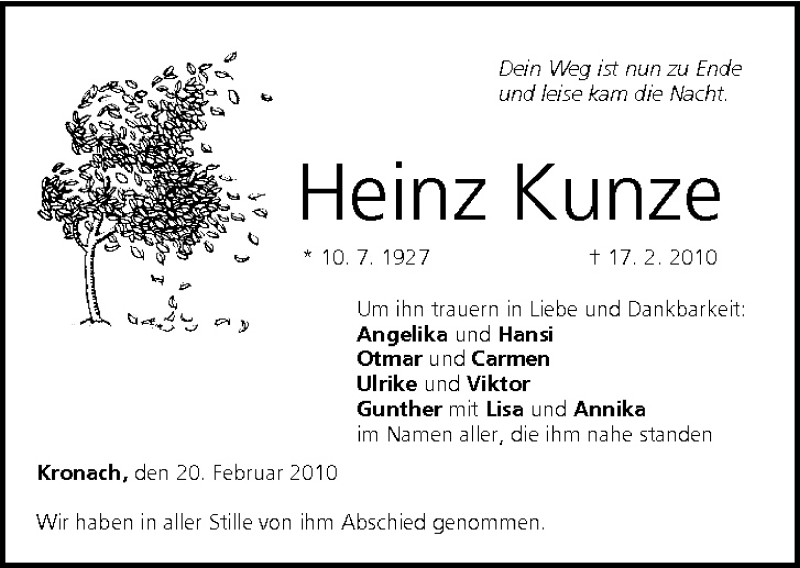  Traueranzeige für Heinz Kunze vom 20.02.2010 aus MGO