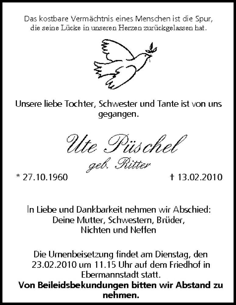  Traueranzeige für Ute Püschel vom 20.02.2010 aus MGO