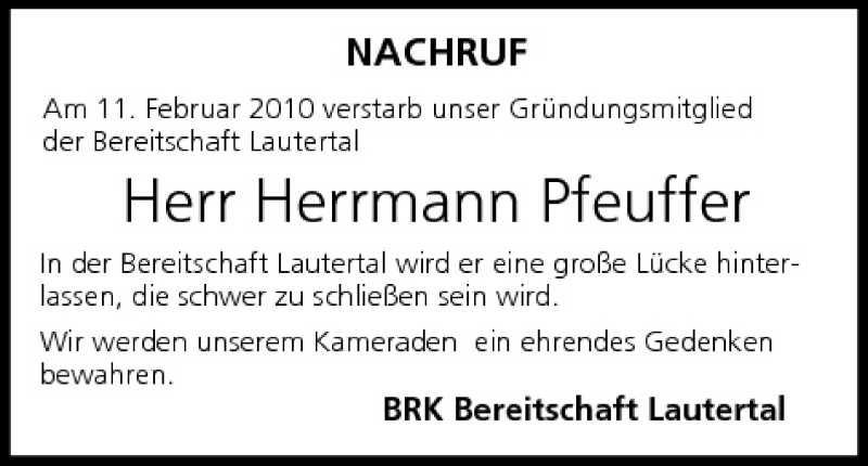  Traueranzeige für Hermann Pfeuffer vom 20.02.2010 aus MGO