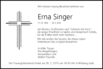Anzeige von Erna Singer von MGO