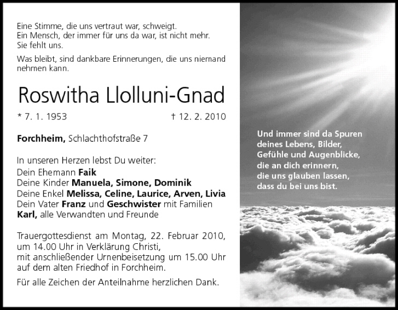  Traueranzeige für Roswitha Llolluni-Gnad vom 20.02.2010 aus MGO