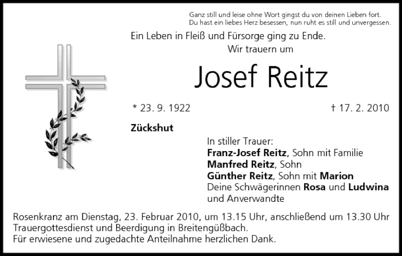  Traueranzeige für Josef Reitz vom 20.02.2010 aus MGO