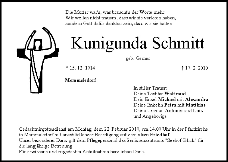  Traueranzeige für Kunigunda Schmitt vom 20.02.2010 aus MGO