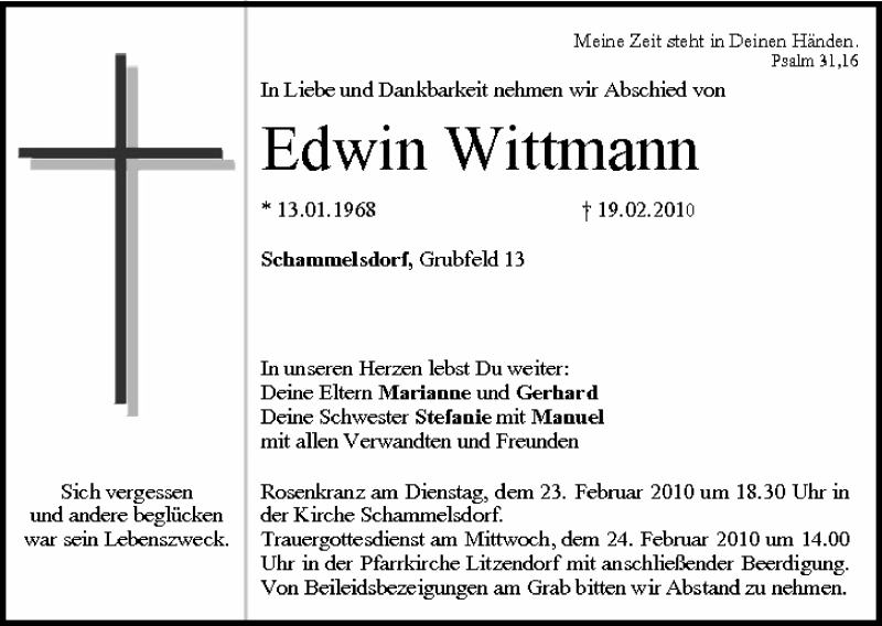  Traueranzeige für Edwin Wittmann vom 20.02.2010 aus MGO