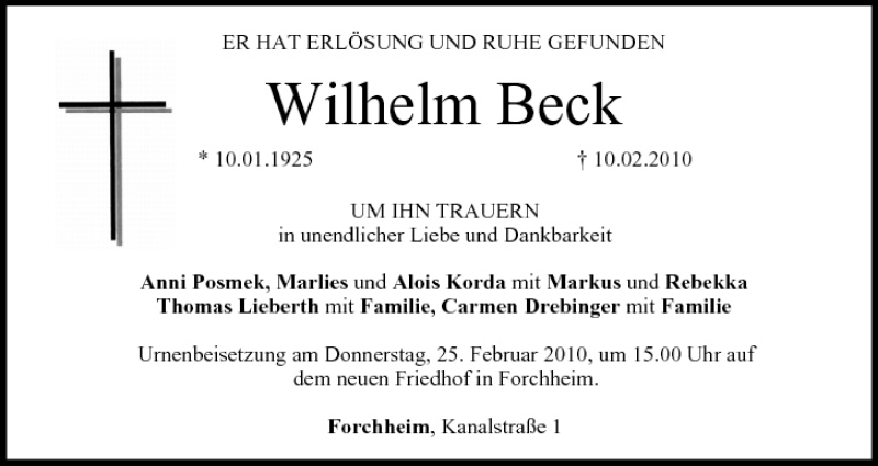  Traueranzeige für Wilhelm Beck vom 23.02.2010 aus MGO