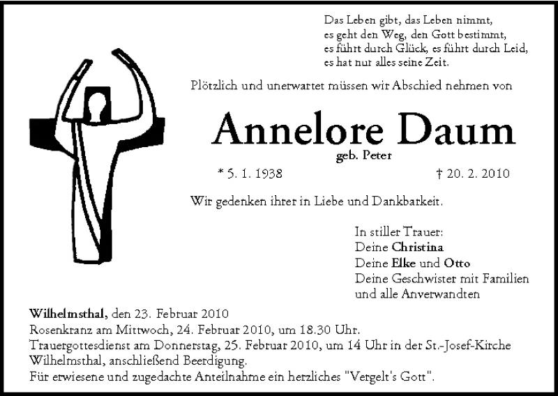  Traueranzeige für Annelore Daum vom 23.02.2010 aus MGO
