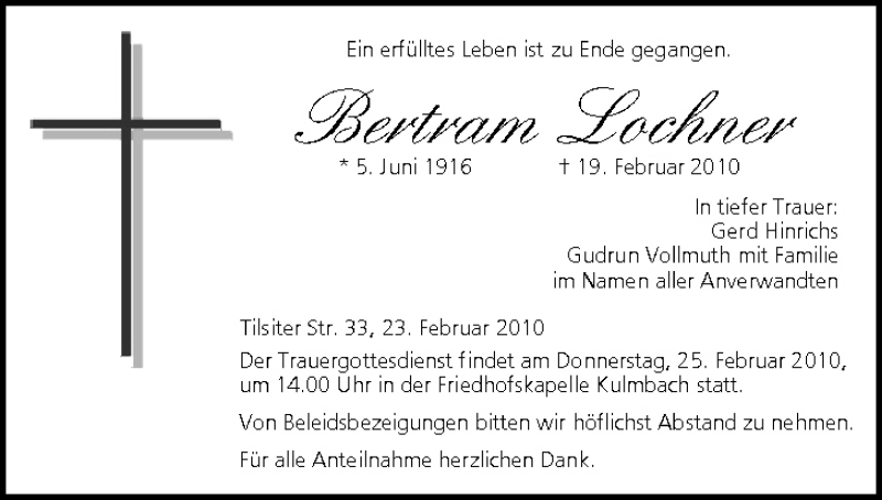  Traueranzeige für Betram Lochner vom 23.02.2010 aus MGO