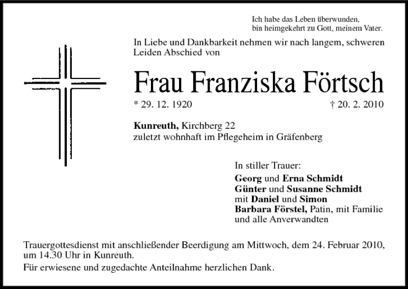  Traueranzeige für Franziska Förtsch vom 23.02.2010 aus MGO
