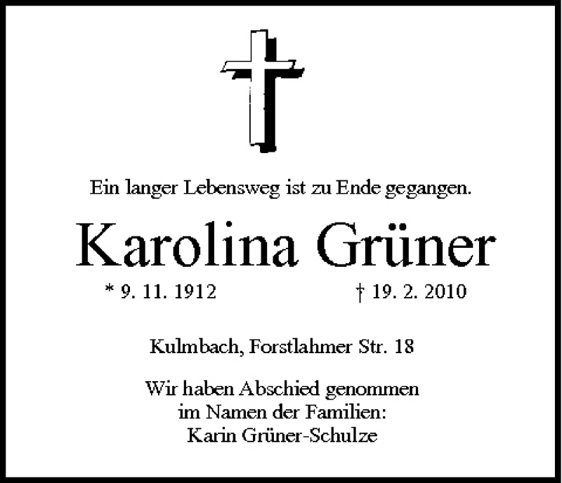  Traueranzeige für Karolina Grüner vom 24.02.2010 aus MGO