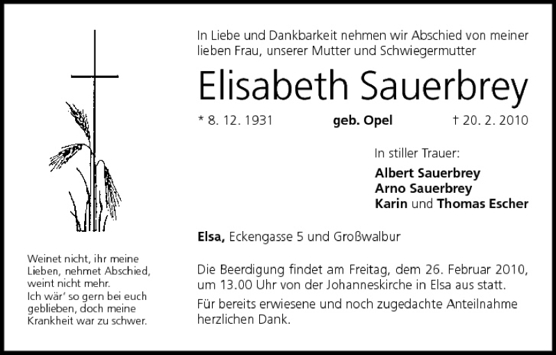  Traueranzeige für Elisabeth Sauerbrey vom 24.02.2010 aus MGO