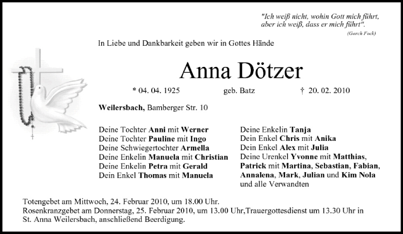  Traueranzeige für Anna Dötzer vom 23.02.2010 aus MGO