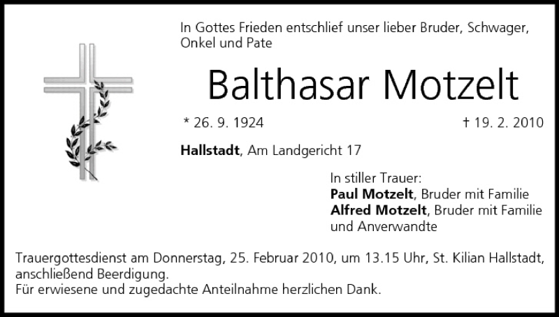  Traueranzeige für Balthasar Motzelt vom 23.02.2010 aus MGO