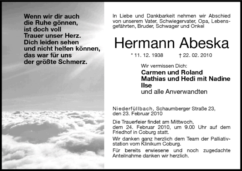  Traueranzeige für Hermann Abeska vom 23.02.2010 aus MGO